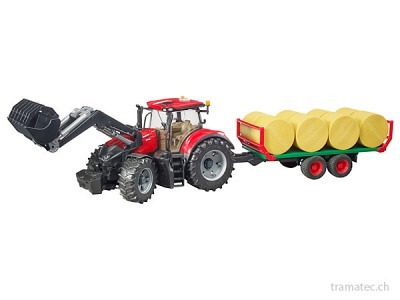Bruder Case IH Optum 300CVX mit Frontlader und Ballentransportanhänger mit 8 Rundballen