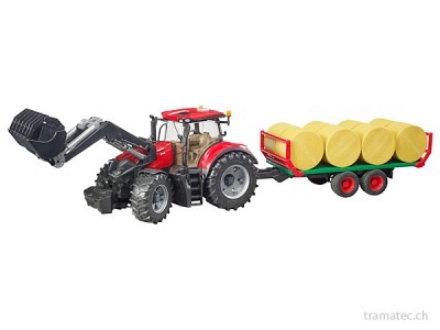 Bruder Case IH Optum 300CVX mit Frontlader und Ballentransportanhänger mit 8 Rundballen