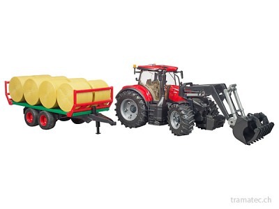 Bruder Case IH Optum 300CVX mit Frontlader und Ballentransportanhänger mit 8 Rundballen